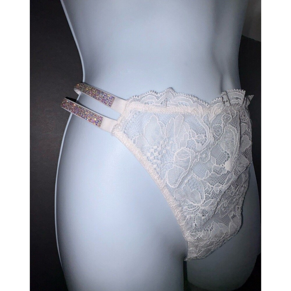 Victoria's Secret Very Sexy Thong Rhinestone Straps White Lace Size Medium NWT